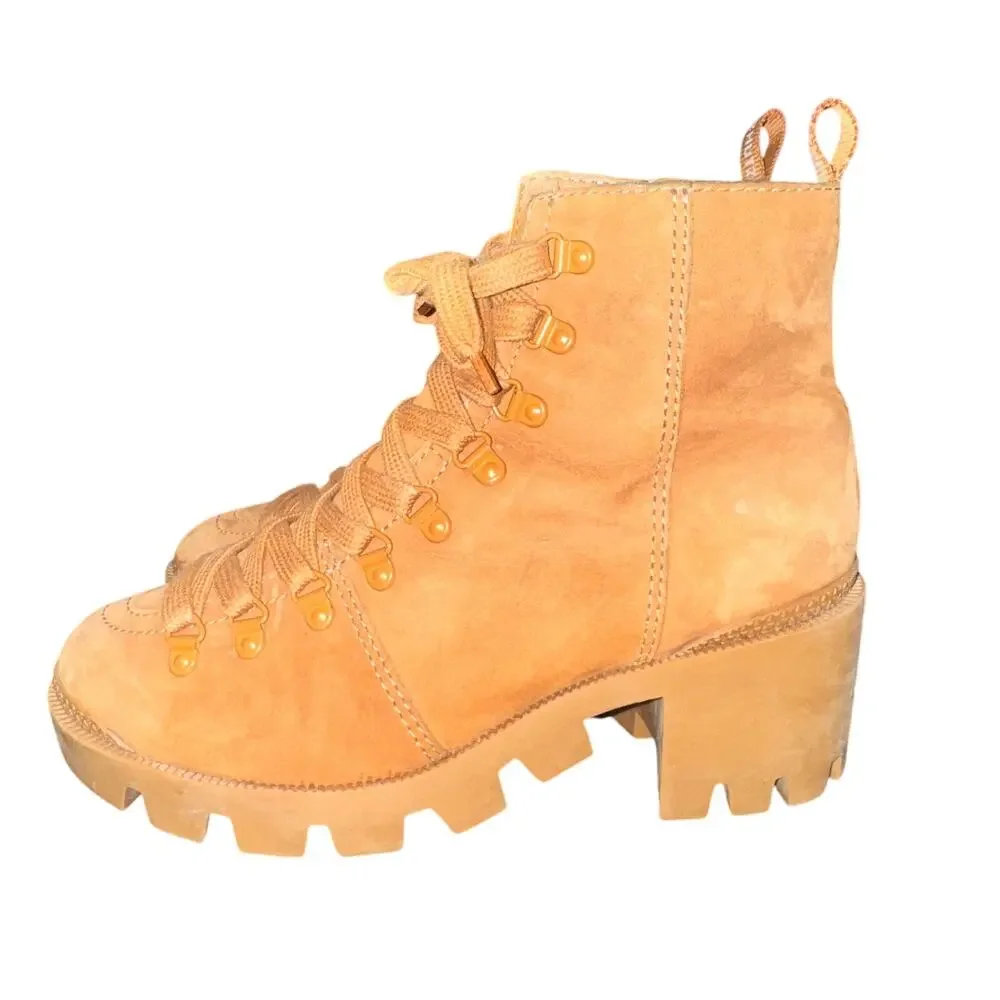 Schutz Xayane Ankle Boots Women's Size 7 B Tan Leather Lug Sole Shoes Side Zip